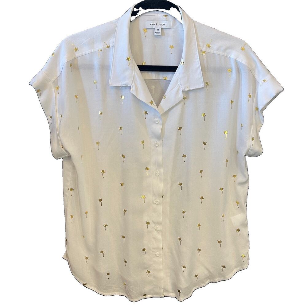Alex & Jordan White Gold Palm Tree Collared Button-Up Cap Sleeve Blouse M - Picture 9 of 10